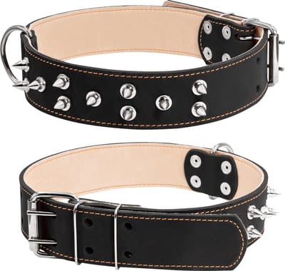 WAUDOG Classic Halsband / Hondenhalsband met Spikes - Leder - Zwart - Breedte: 45 mm - Nekomtrek: 57 - 69 cm (GELIEVE ALVORENS BESTELLEN OPMETEN)