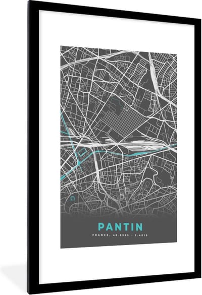 Fotolijst incl. Poster - Pantin - Frankrijk - Plattegrond - Stadskaart - Kaart - 60x90 cm - Posterlijst