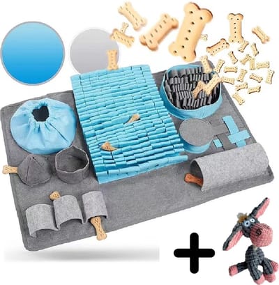 Edmondo - SNUFFELMAT + EZEL HONDENSPEELTJE - Denkspel Hond - Blauw en Grijs - Snuffelmatten - Intelligentie Speelgoed - Hondenspeeltjes - Puppyspeelgoed