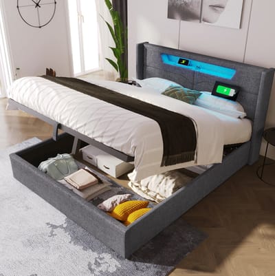 MEUNIQ gestoffeerd tweepersoons opbergbed 140x200 cm met LED-verlichting, USB en Type-C, lattenbodem, grijs linnenlook bedframe voor slaapkamer