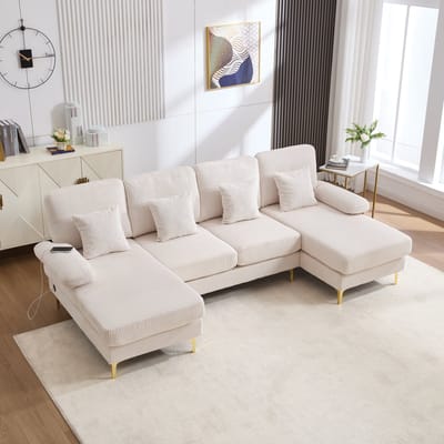 MODFU U-Bank - Met Ledverlichting En Usb-Aansluiting - Modern - Voor Woonkamer - Fluweel - Beige - 265 x 135 x 88 cm