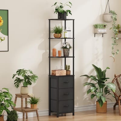 Hoekboekenkast met 3 stoffen laden – Smal opbergrek 172 cm – Zwart