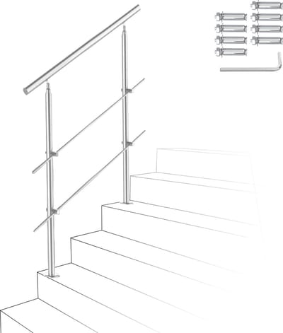 Trapleuning - Roestvrij Stalen - 80cm - 2 Dwarsbalken - leuning voor binnen en buiten - In Hoek Verstelbaar Trapleuningen - met Kogelring en 2 Palen - voor Trap Balkon Terras Borstwering - Ø 42 mm