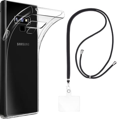 Set met hoesje en nekband voor Samsung Galaxy note 9 - Flexibele, transparante TPU-bescherming, verstelbare universele nekband voor mobiele telefoons, zwarte nekband, transparante draagriem van Phonillico®