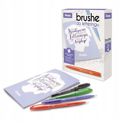 Pentel Brush Sign Pen Set - 4 donkere kleuren met lettergids