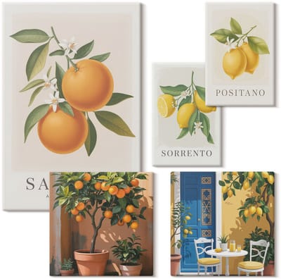 Wallfluent Set van canvas schilderijen - Fruitinspiraties uit Italië, Provençaalse en rustieke stijl Canvas Schilderijen Set - Set van 5 Canvas Schilderijen - Oranje Set van Canvas Prints - Natuur Canvas Kunst Set - Boheemse Canvas Kunst Set