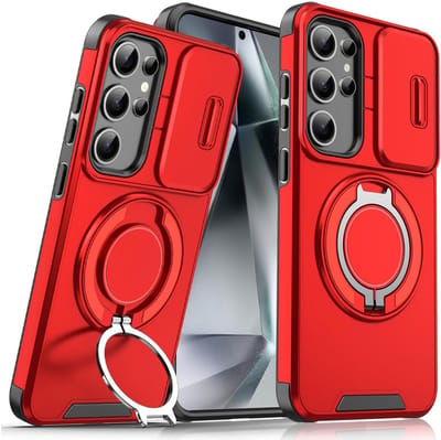 Hoesje Geschikt voor Samsung Galaxy S25 / S24 hoesje Rood backcover met Met Draaibare Ring Houder en camera bescherming