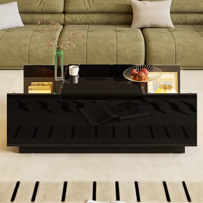 REDOM Salontafel 105×50×35 cm met Bluetooth LED-sfeerverlichting, 2 verborgen lades en glazen bladen, zwart minimalistisch design