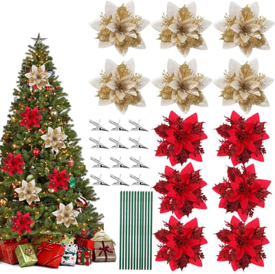 Dailygoods- Kunstbloemen 12 Stuks - Kerstster Decoratie - Kunstbloemen voor Binnen - Gouden/Rode Bloemen - Flexibel en Duurzaam - Levendige Kleuren - Kerstbloemen