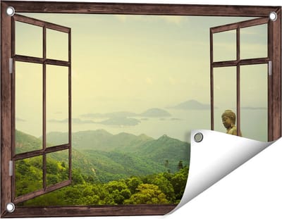 Gards Tuinposter Doorkijk Boeddha Standbeeld in het Bos - 60x40 cm - Tuindoek - Tuindecoratie - Wanddecoratie buiten - Tuinschilderij