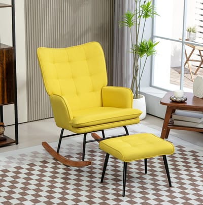 Schommelstoel - Relaxfauteuil Met Hocker - Hoge Rugleuning Met Armleuningen En Zachte Bekleding - Voor Woonkamer En Ontspanning - Polyester Geel