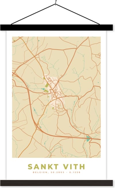 Posterhanger incl. Poster 40x60 cm - Schoolplaat - Kaart - Stadskaart - Plattegrond - Vintage - Sankt Vith - Textielposter - Zwarte latten - Stadskaart
