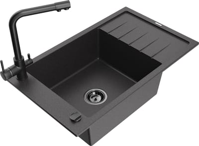 Mexen Elias granieten spoelbak 1-kompartment met druiprek en keukenkraan Duero, zwart gespikkeld - 6511-76-671600-70-B