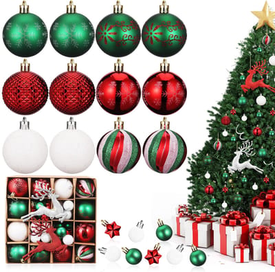 Dailygoods- Kerstballen Onbreekbaar - 12 Grote/Rode/Groene/Witte Ballen - 16 Kleine Glanzende Witte Ballen - 6 Matte Groene Ballen - 4 Gepolijste Sterren - 1 Rode/1 Witte Eland - Kerstornamenten
