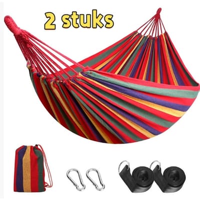 Tweedelige hangmat - Reishangmat - Geschikt voor kamperen in de buitenlucht - Dubbele hangmat - Schommel voor volwassenen - 280*150 cm, dubbele banden + karabijnhaak + opbergtas (geen stokken, geen ijzeren ringen) - Regenboogstrepen