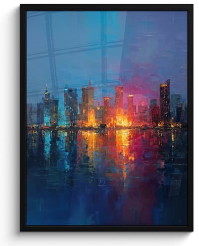 Poster in lijst - Fotolijst 60x80 cm - Posters - Skyline - Penseelstreken - Donkerblauw - Lichtgevend - Posterlijst zwart - Decoratie - Wanddecoratie woonkamer - Muurdecoratie slaapkamer