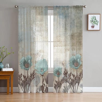 Bloem Retro Tulp Plant Slaapkamer Transparante Vitrage Vakantiedecoratie Raam Voile Tule Gordijn 135W x 114H(cm) gray