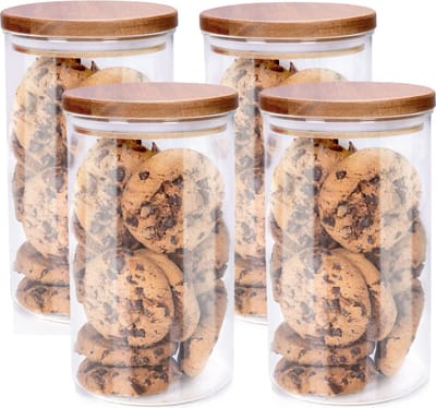 Alpina Voorraadpot/bewaarpot Foodking - 4x - borosilicaat glas - 950 ml - glas/hout - luchtdicht