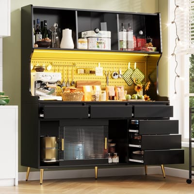 Moderne hoge kast 145x39x171 cm - met LED-verlichting en app-bediening - kast met lades - met opbergplanken en perforatieplaat - zwart