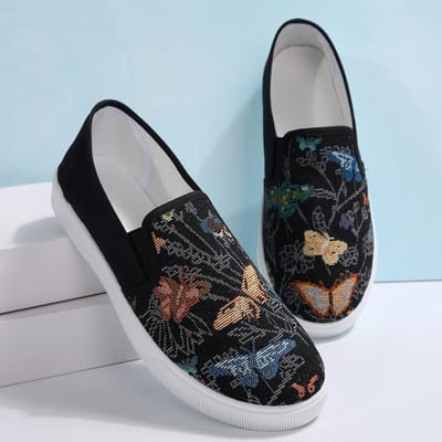 Lente en Zomer Nieuwe Dames Canvas Schoenen Modieus Veelzijdig Chinese Stijl Casual Platform Instappers Dames 42 zwart