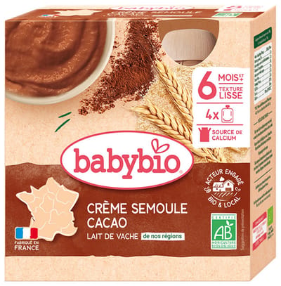 Babybio Biologische Cacao Griesmeel Crème 8 Maanden en Ouder 4 x 85 g Flesjes