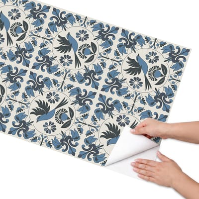 Coloray Meubel Wrap Folie - Beige Meubelfolie - 65x130 cm - Plakfolie Meubels Blauwe vogels - Decoratiefolie Zelfklevend - Rustiek Meubelfolie - Meubelfolie Zelfklevend - Badkamer decoratie - Bloemen en planten