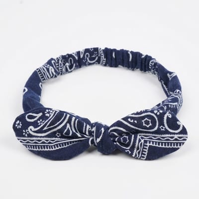 Donkerblauw haarband dames – elastische haar bandana met strik detail – comfortabele textiel hoofdband met witte paisley print