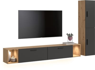 Woonwand met verlichting in artisan eik - Moderne opbergoplossing voor elk interieur - 259cm
