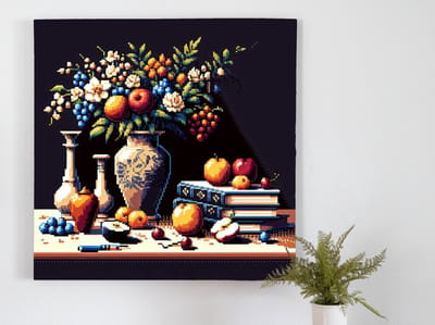 Pixel art stilleven schilderij | Digitale verbeelding van klassieke stillevens in pixelformaat tentoongesteld | Kunst - 80x80 centimeter op Dibond | Foto op Dibond