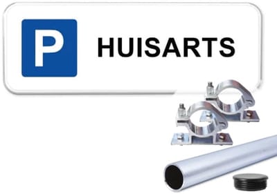 Parkeerbord Huisarts - Weerbestendig Aluminium - 40x15 cm - Bevestiging: Met paal 120 cm + paalbeugels + paaldop