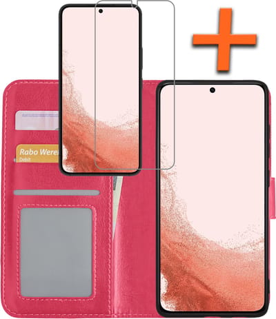 Hoes - Met Screenprotector - Geschikt voor Samsung Galaxy S22 Plus - Luxe Pasjeshouder - Bookcase Portemonee - Flip Case - Kunstleer Book Case - Flipcase - Book Cover - Walletcase - PortemonneeHoes - Donkerroze
