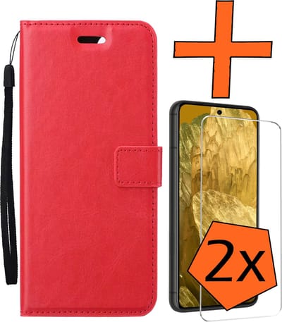 Hoes - Met 2x Screenprotector - Geschikt voor Google Pixel 8a - Luxe Pasjeshouder - Bookcase Portemonee - Flip Case - Kunstleer Book Case - Flipcase Hoes - Book Cover - Walletcase - PortemonneeHoes - Rood