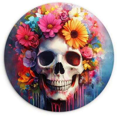 WallCircle® Wandcirkel 120x120 cm - Muurcirkel Schedel - Bloemen - Doodshoofd - Kleurrijk - Muurdecoratie woonkamer - Wanddecoratie slaapkamer - Kamer decoratie accessoires - Ronde schilderijen XXL