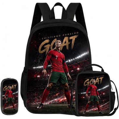 Voetbal Sportrugzak Ronaldo 3-delige Set Schoolrugzak Leren, Reizen Etui, Lunchtas, Voetbalster Boekentas