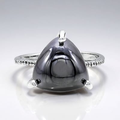 Cavill - Zilveren ring met Zwarte Hematiet 11 37 ct en Witte Topaas 925 Sterling Zilver - Moderne Triljant Cabochon - Exclusieve Damesring Maat 17