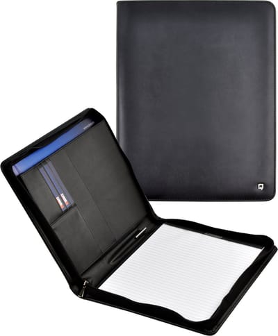 DESQ® Leren Schrijfmap A4 met Ritssluiting – Conferentiemap – Tablet vak – Echt leer – Inclusief schrijfblok 20 vel – Dutch Design – Zwart