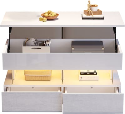 MODFU Verstelbare hoogglans salontafel 120x50x46 cm — LED, 2 lades, verborgen opbergruimte, MDF/gehard glas, wit