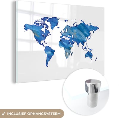 ® Glasschilderij 180x120 cm - Schilderij acrylglas - Wereldkaart - Waterverf - Blauw - Foto op glas - Muurdecoratie woonkamer - Wanddecoratie slaapkamer - Schilderijen