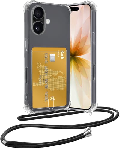 Hoesje Geschikt voor iPhone 17 Hoesje Met Telefoonketting Pasjeshouder Shockproof Case Koord - Hoesje Geschikt voor iPhone 17 Hoes Met Kaarthouder - Transparant