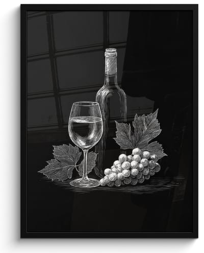 Poster in lijst - Fotolijst 60x80 cm - Posters - Wijnfles - Glas - Druiven - Bladeren - Posterlijst zwart - Decoratie - Wanddecoratie woonkamer - Muurdecoratie slaapkamer