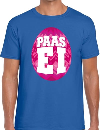 Blauw Paas t-shirt met roze paasei - Pasen shirt voor heren - Pasen kleding S