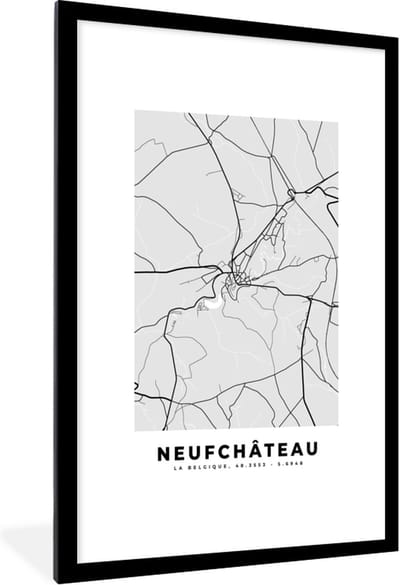 Fotolijst incl. Poster Zwart Wit- Stadskaart – Plattegrond – België – Zwart Wit – Neufchâteau – Kaart - 80x120 cm - Posterlijst