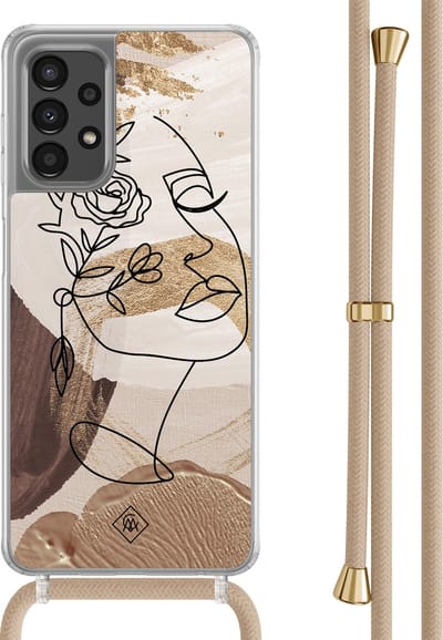 Casimoda® hoesje met beige koord - Geschikt voor Samsung A13 4G - Abstract Gezicht Bruin - Afneembaar koord - TPU/polycarbonaat - Bruin/beige