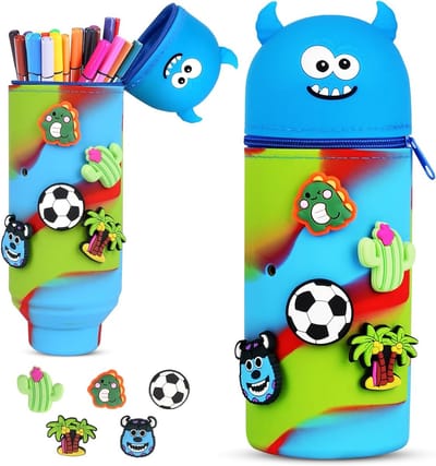 Zachte Siliconen Pennenhouder, Blauw Monster 2-in-1 Etui met Grote Capaciteit, Retractable en Met Rits voor Schoolgebruik