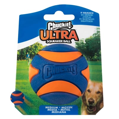 Chuckit! Ultra Squeaker Bal - Hondenspeelgoed - Hondenbal - Duurzaam rubber - Medium - Ø6 cm - Blauw/Oranje - 1 Stuks
