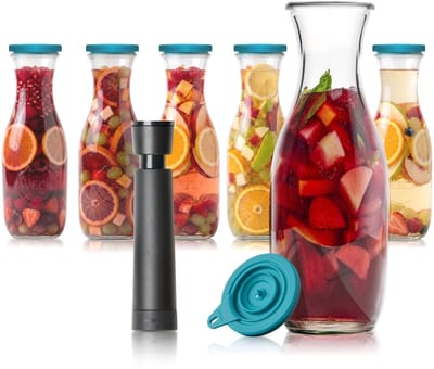 Airtender Sangria Karaf 1000ml (6st) | 6x Vacuümdeksel + GRATIS vacuümpomp en 6x Glazen Karaf om snel de meest intense Sangria te maken! | Karaf is ook zonder vacuüm te gebruiken | Vacuüm versnelt de infusie (max. 30min) | Meer smaak met minder fruit