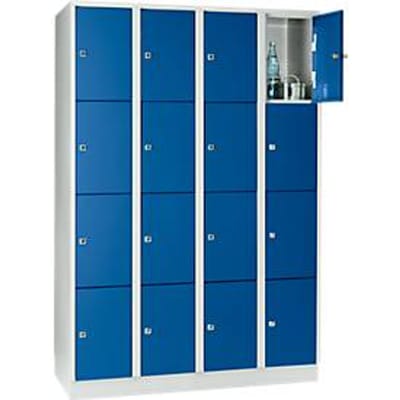 Vakkenkast 300 mm, 4 compartimenten, 16 vakken, veiligheidscilinderslot, sokkel, gentiaanblauw