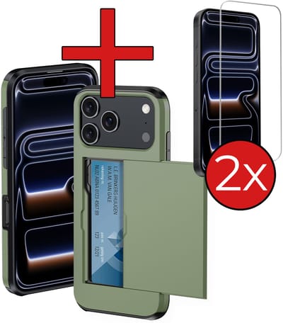 Hoesje Geschikt voor iPhone 17 Pro / 18 Pro Hoesje Met Pasjeshouder Hard Case Met Kaarthouder Met 2x Screenprotector - Hoes Geschikt voor iPhone 17 Pro / 18 Pro Hoesje Pashouder Case - Donkergroen