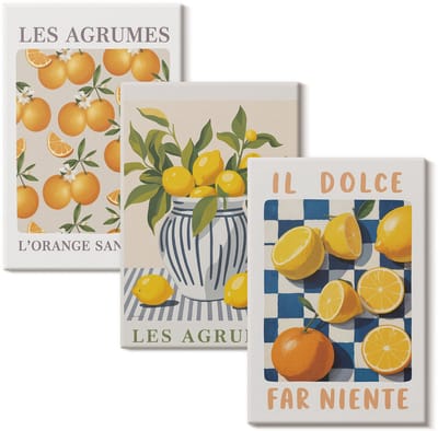 Wallfluent Set van canvas schilderijen - Retro citrusvrucht met gele accenten Canvas Schilderijen Set - set 3 stuks 20x30 cm - Geel Set van Canvas Prints - Voedsel Canvas Kunst Set - Boheemse Canvas Kunst Set