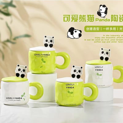 Cartoon Panda met Lepel Mok Hoge Waarde Grote Capaciteit Waterbeker met Deksel Hoge Temperatuurbestendigheid Beker Cadeau Beker Student 400ML yellow